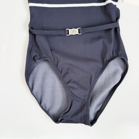 [Adrienne Vittadini] Navy Charcoal Striped Vintage Y2K Belted Swimsuit NWT Sz 6 - Picture 7 of 9
